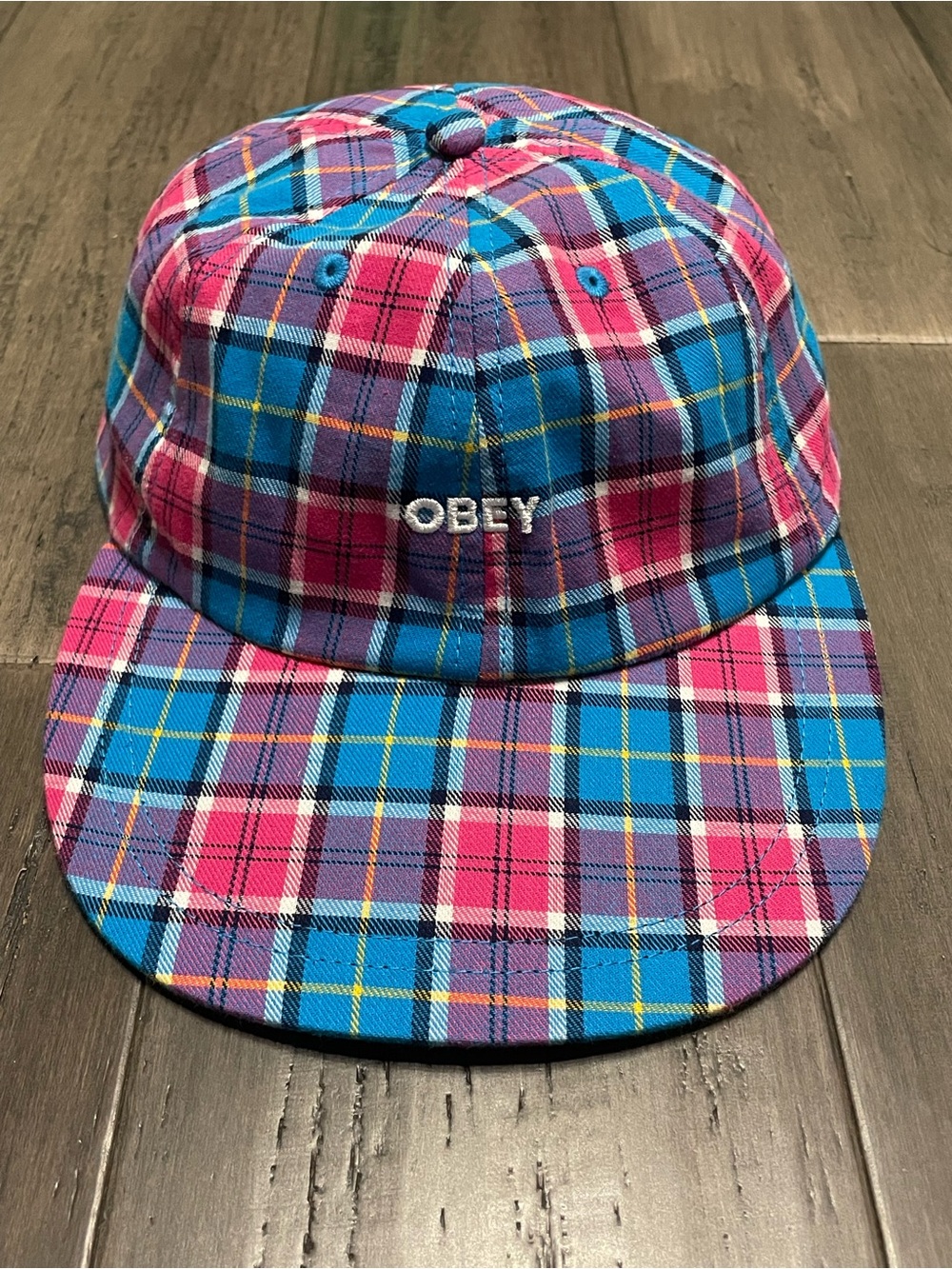 Obey Plaid Strapback Hat Blue Pink Purple Flat Bill Cap Adjustable Streetwear
